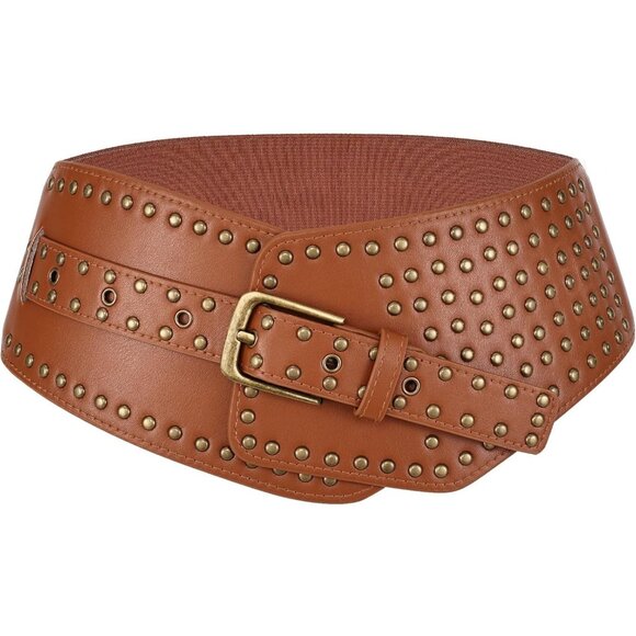 Women's Elastic Wide Belt Vintage Studded Stretchy Waist Belts Dress Pants Brown - Picture 1 of 5